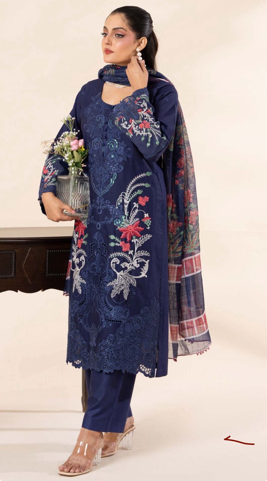Navy Blue Floral Embroidered Suit